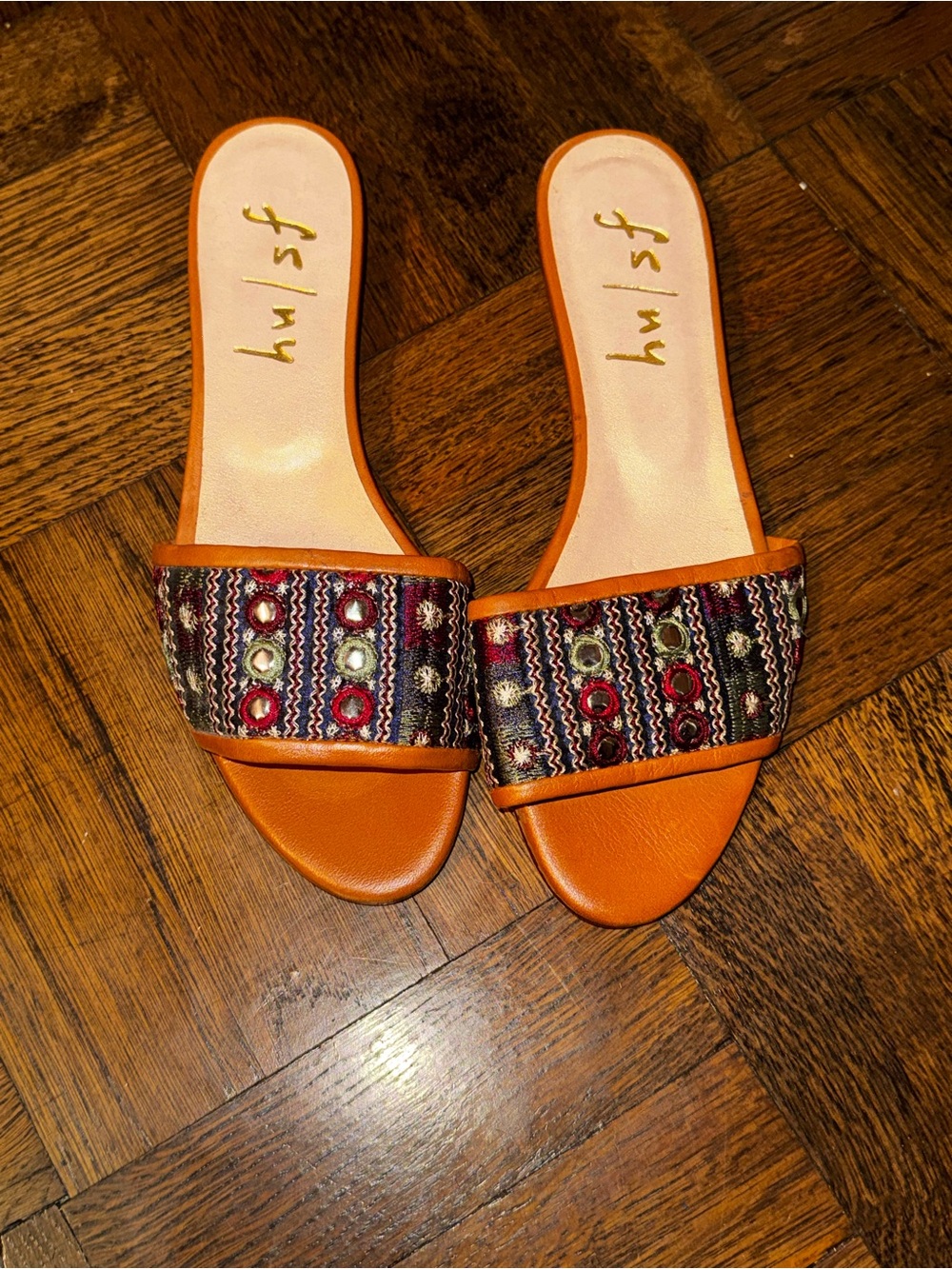 French Sole Cognac Leather Slide Sandals with Embroidered Strap Size 7 NEW